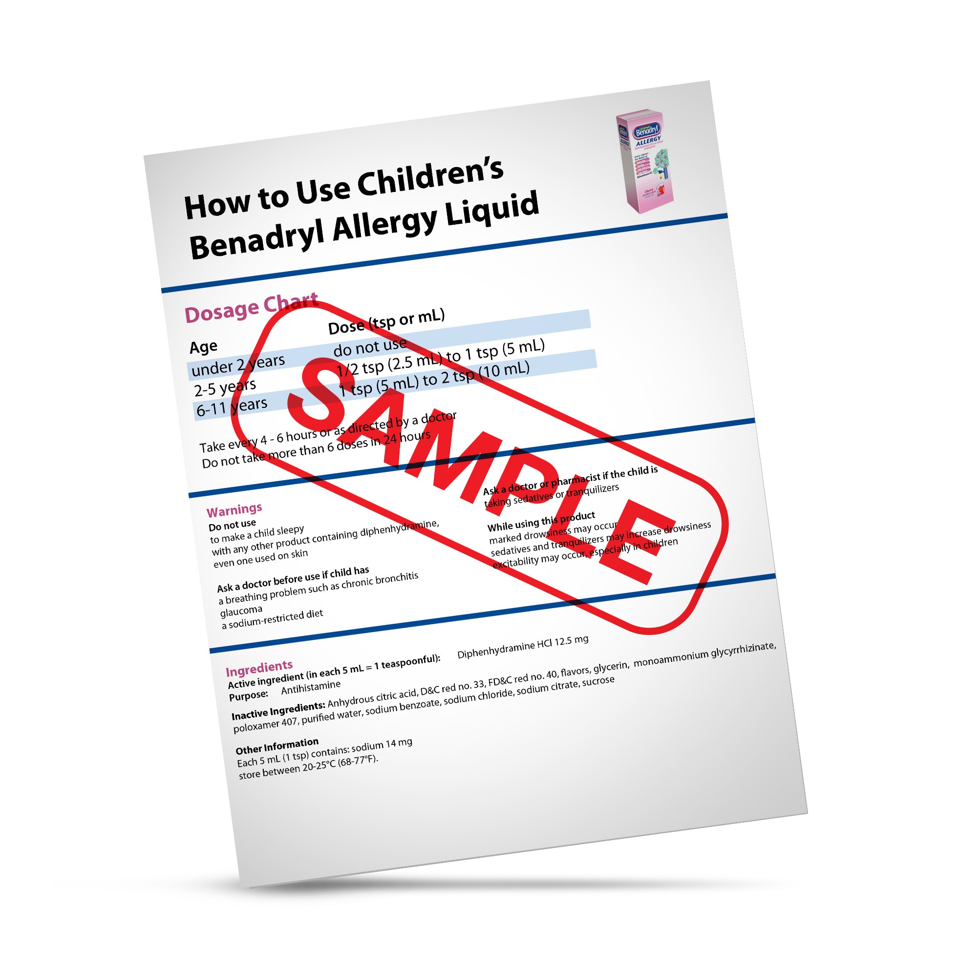 Replacement Children's Benadryl Instruction Sheet
