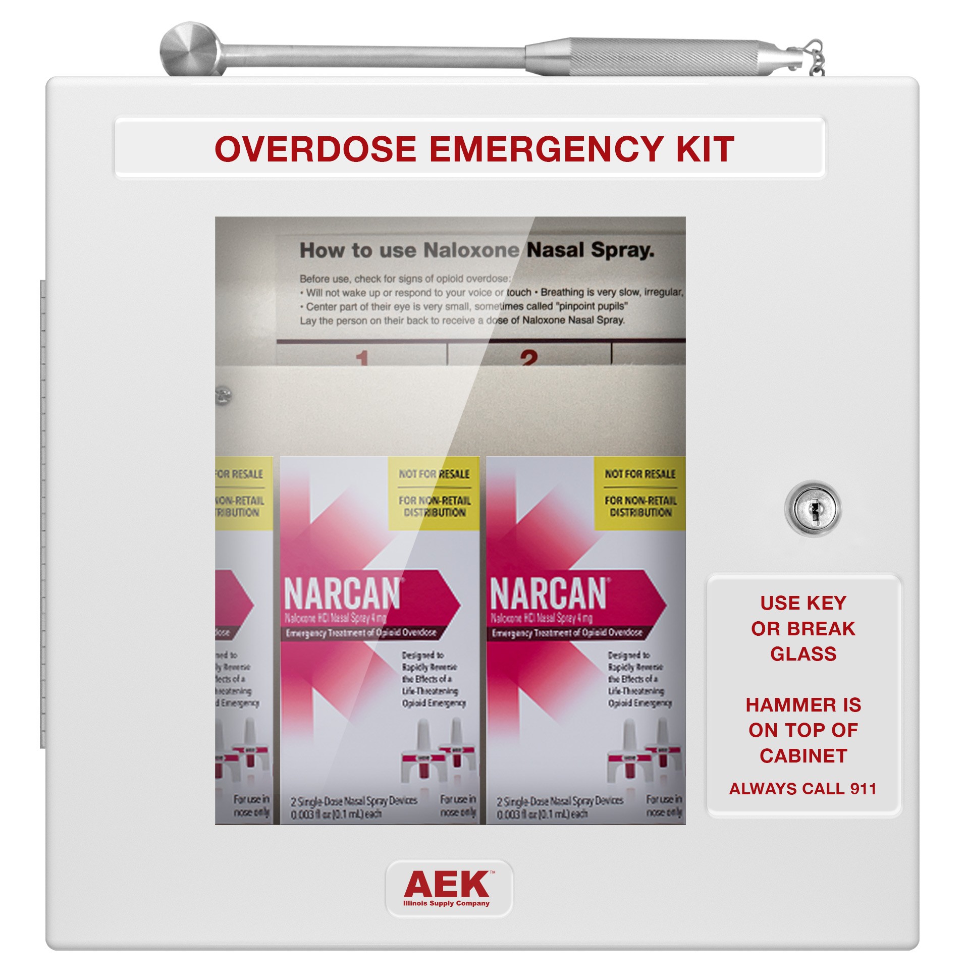 Locking Opioid Overdose Emergency Kit Cabinet w/ Breakable Window/Hammer